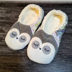 Women's Cute Cozy Owl Sherpa Lined White Gray Sparkle Slipper Size XL 9/10